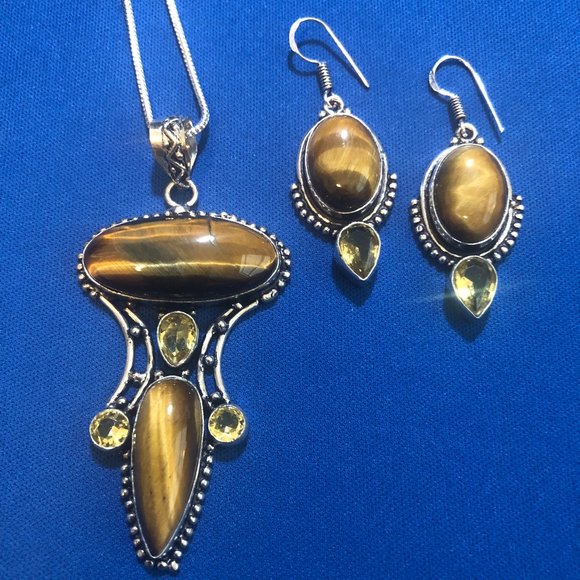 Jewelry - Tiger Eye-Citrine Gemstone 925 Stamped- Necklace + Earring Set.